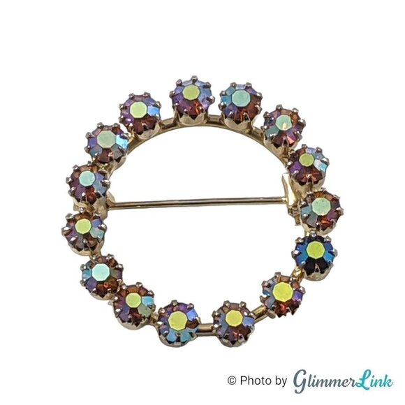 Vintage Aurora Borealis AB Rhinestones Infinity Circle Wreath Gold Tone Brooch - Picture 2 of 9